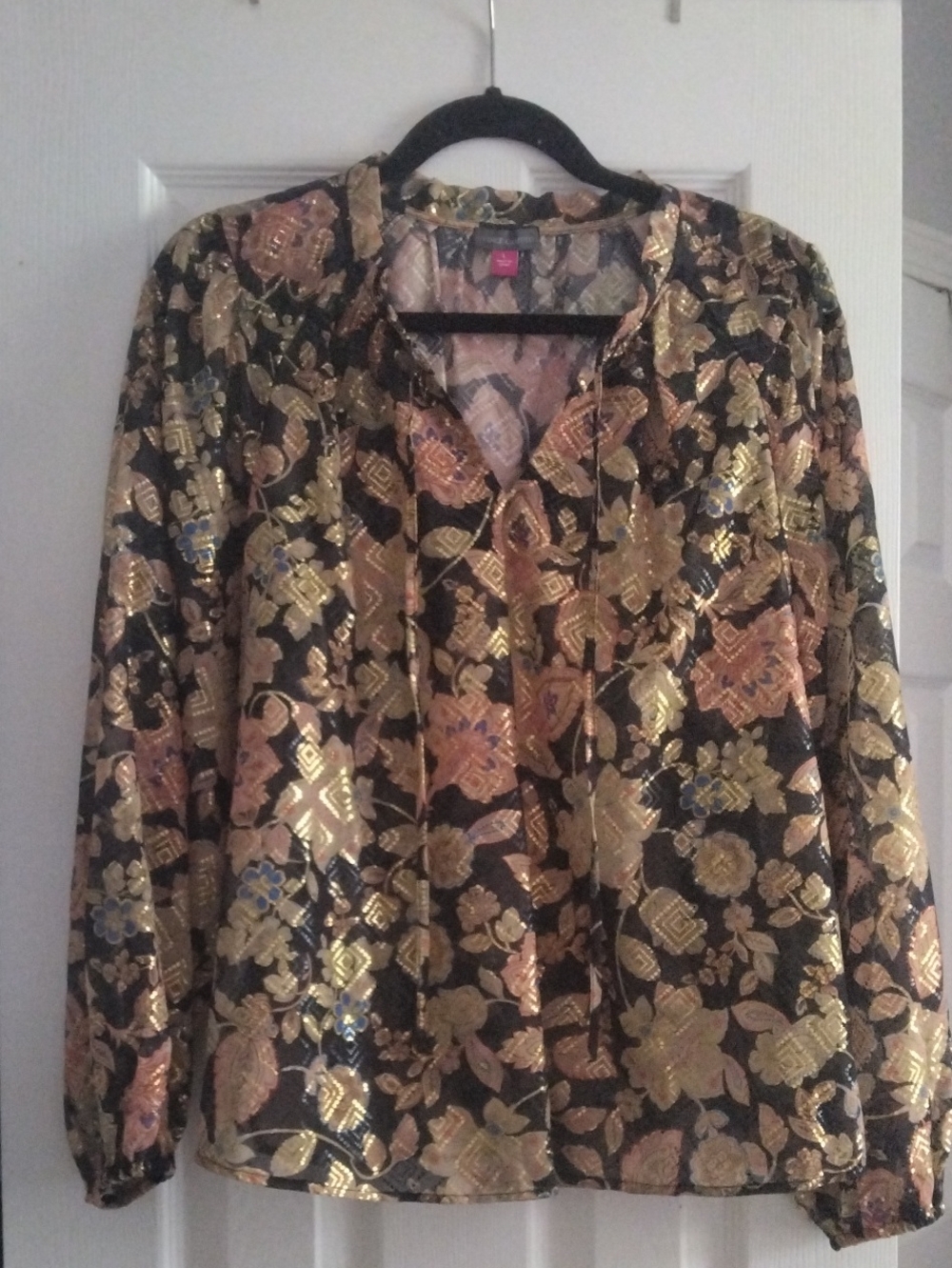 Vince Camuto Black Blouse with Gold and Rose Metallic Floral Embroidery